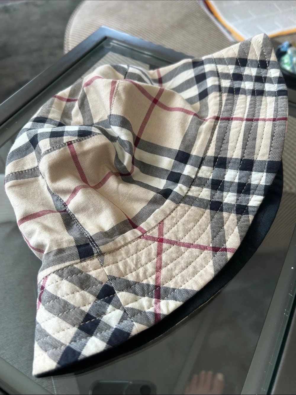 Burberry Beige Plaid Hat with Black and Red